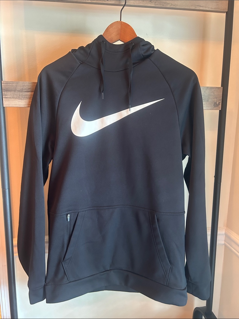 Nike Thermagit Men’s Black Hoodie with White Swoosh Zip Pocket